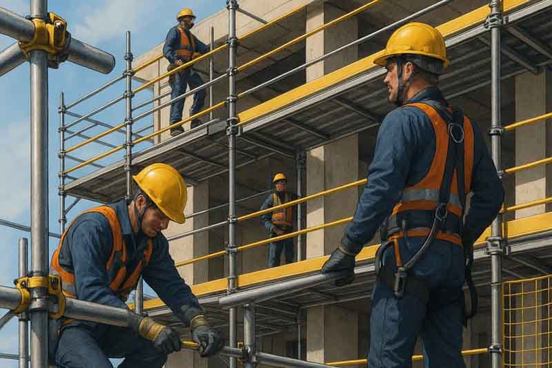 کارگران ساختمانی با کلاه و کمربند ایمنی در حال نصب داربست فلزی استاندارد در پروژه ساختمانی، رعایت کامل نکات ایمنی داربست‌بندی